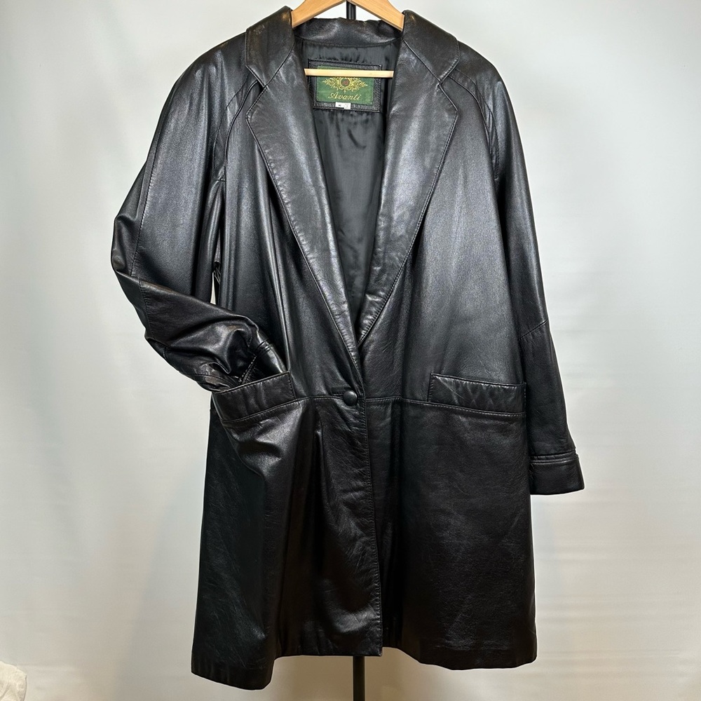 Vintage Oversized Black Leather Blazer Single Button Long Jacket Coat Sz Med Lrg